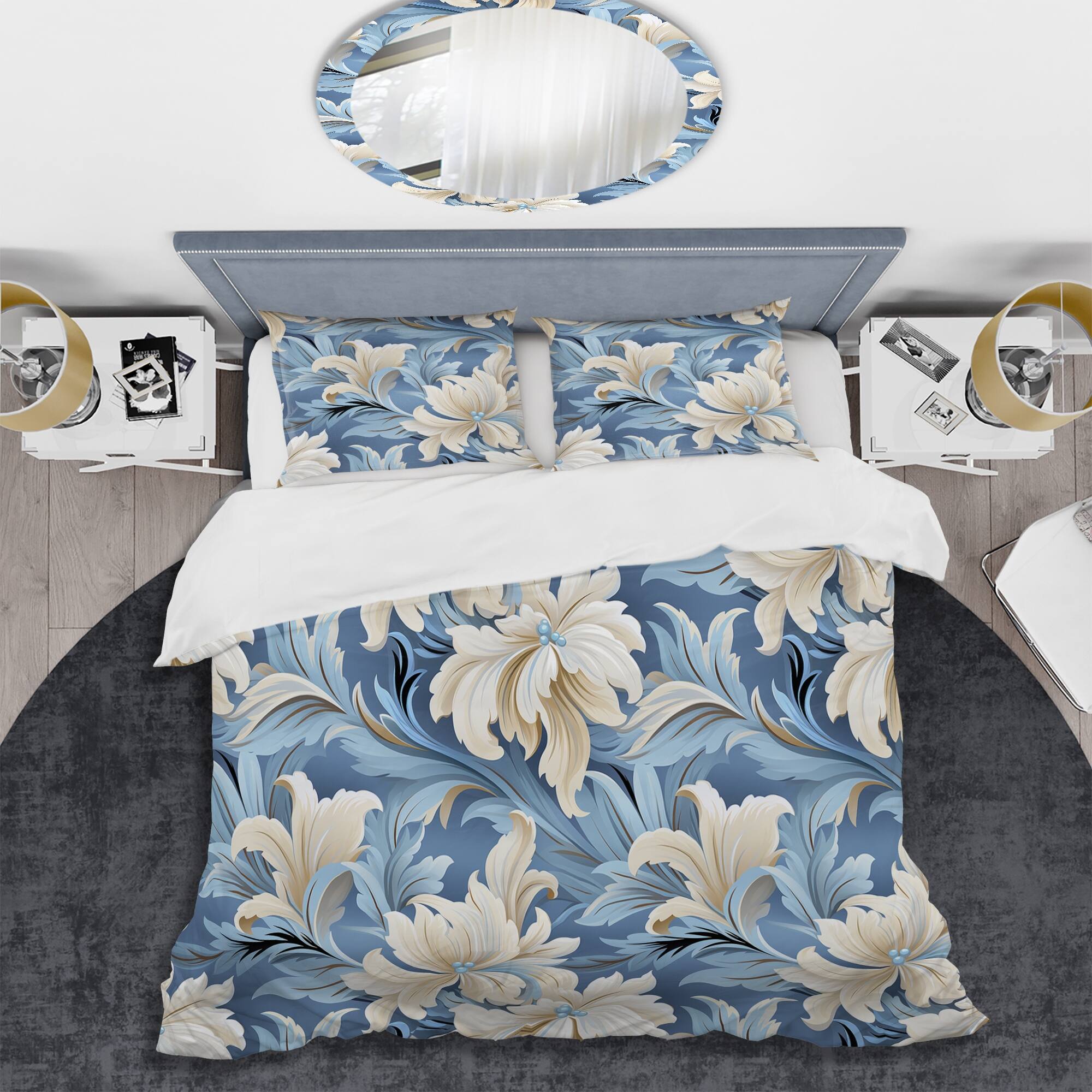 Designart "White And Blue Damask Flowering II" Beige Damask bed cover